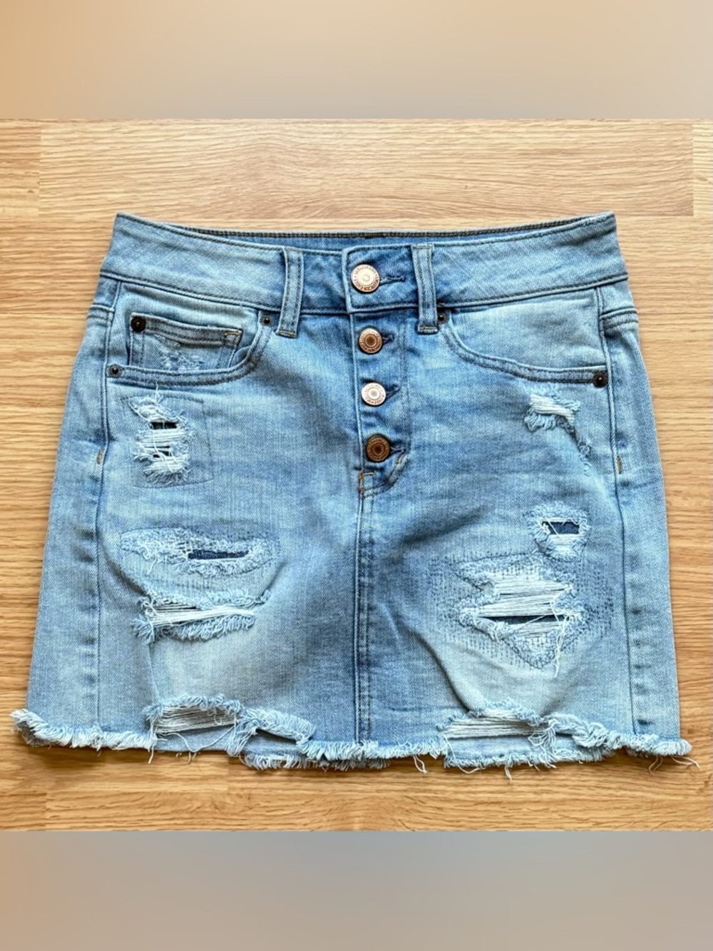 American Eagle Outfitters Hi Rise Mini Distressed Denim Skirt Light Wash Size 2